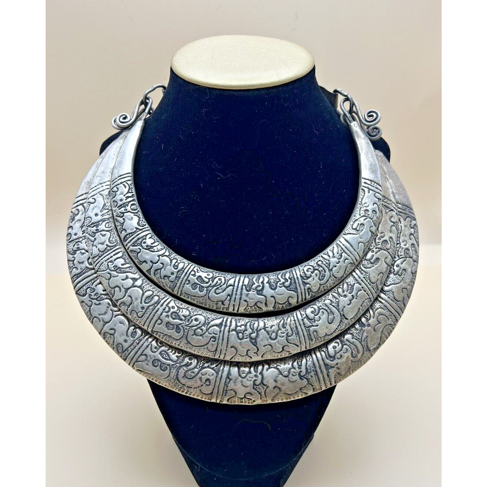 Vintage Miao Chinese Minority Hill Tribe Silver Tone 3 Tier Zodiac Torque